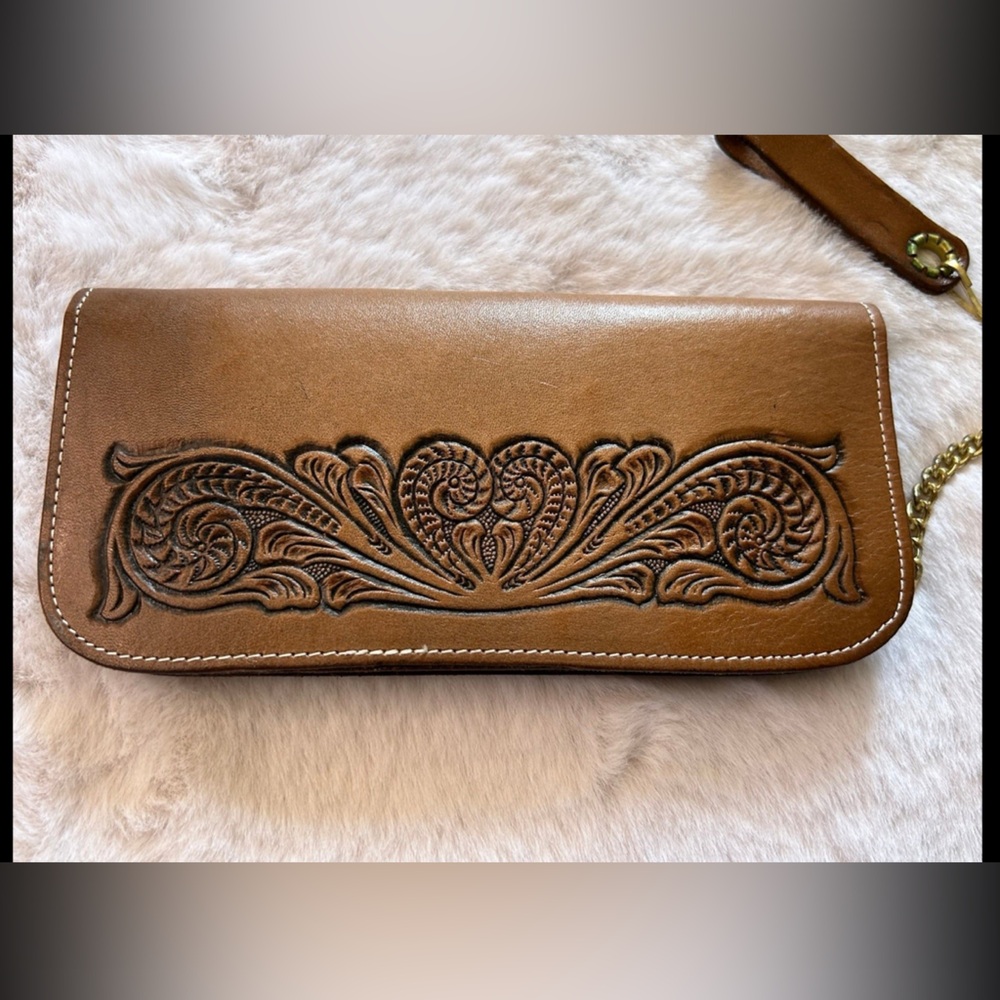 Vintage tooled leather handmade wallet with attached chain